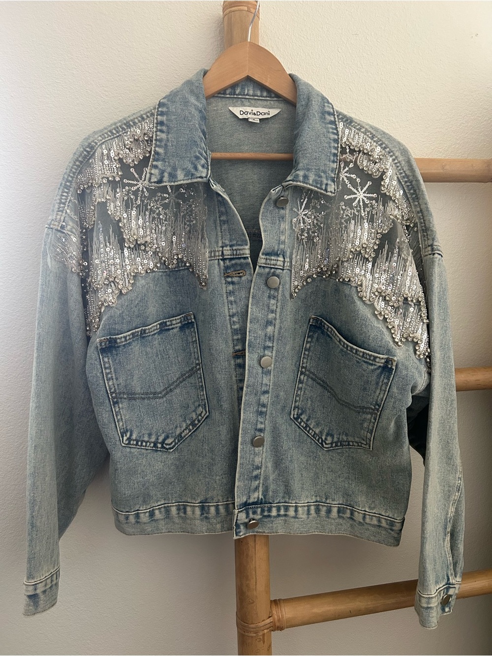 DAVI & DANI Light Blue Denim Jacket with Silver Sequin Fringe